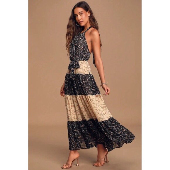 Lulus Dresses & Skirts - Lulus Mixed Message Black and Beige Floral Print Halter Maxi Dress‎